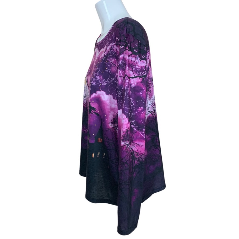 Holiday Traditions Purple Spooky Witch on a Broom Full Moon Long Sleeve Top XL - Picture 2 of 9
